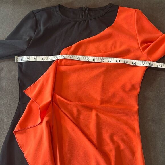 Women’s Black & Orange Asymmetrical Ruffle Midi Dress 3/4 Sleeve Zip Back Size M - Picture 10 of 14